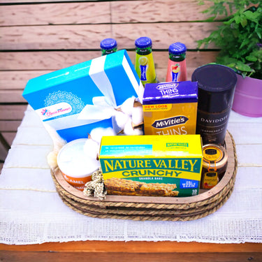 Deluxe Snack and Beverage Tray, Davidoff Espresso, McVities Thins, Mixed Chocolates, Wooden Tray